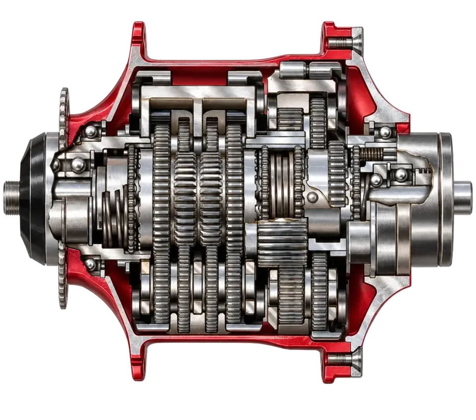 Rohloff Speedhub 500/14 agyváltó metszete: a 14 fokozat bolygóműves fogaskerekei