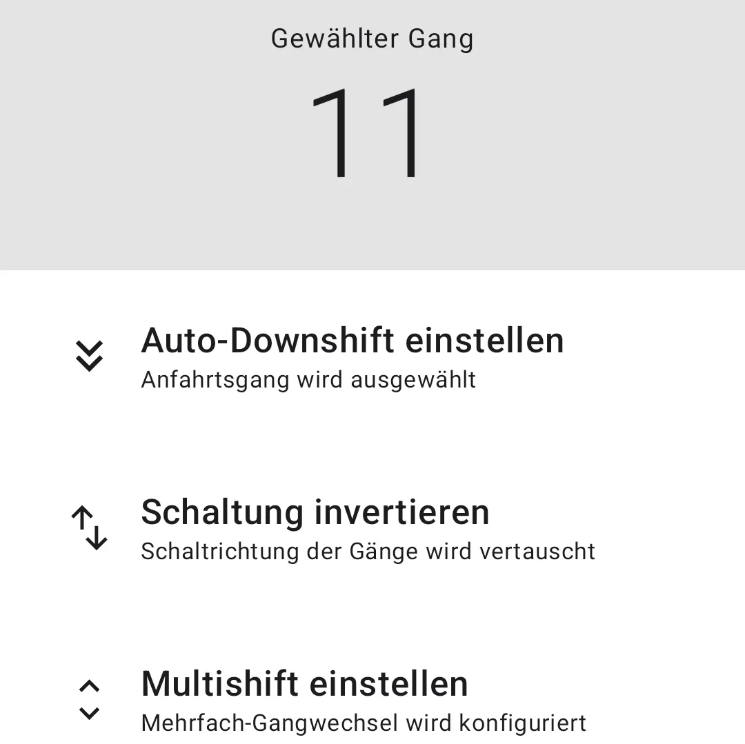 Die Startseite der App nach dem Koppeln: gewählter Gang 11, darunter Auto-Downshift einstellen, Schaltung invertieren und Multishift einstellen