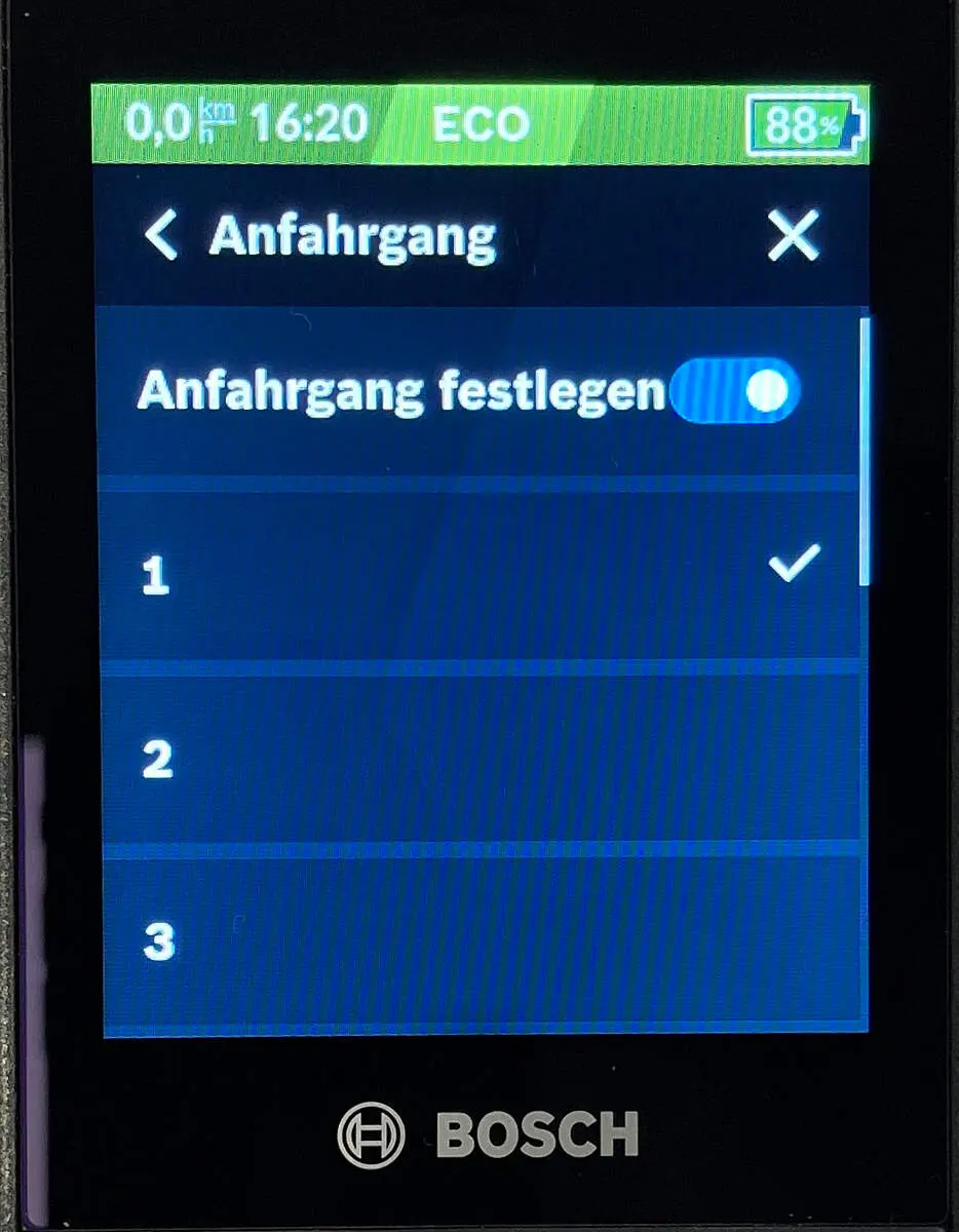 Nyon 2. Generation: Anfahrgang festlegen, Gang 1 mit Häkchen