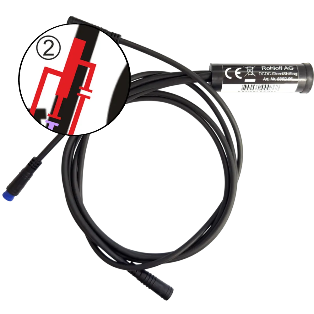 Az E-14 2.0 DC/DC-DS Converter a kábeleivel; a kis ábrán a helye a vázban