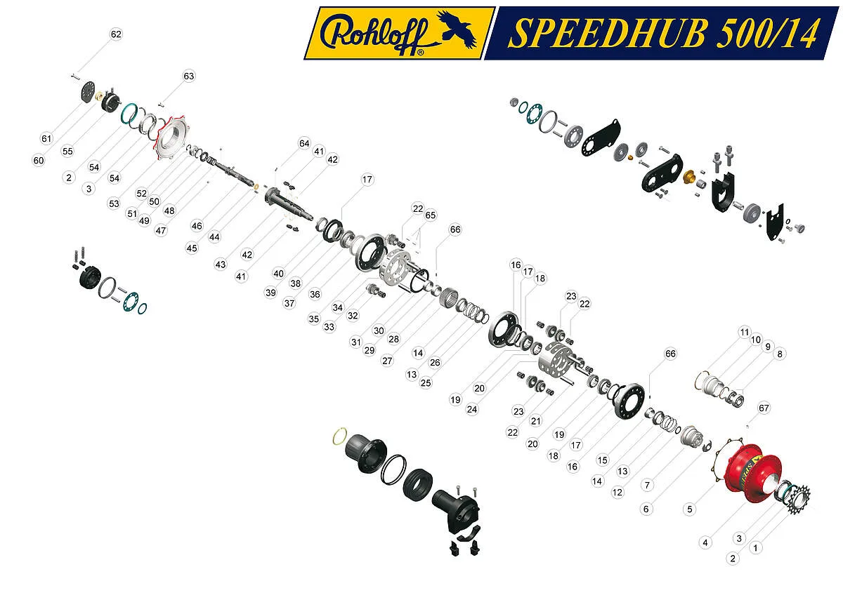 A SPEEDHUB 500/14 robbantott ábrája számozott alkatrészekkel